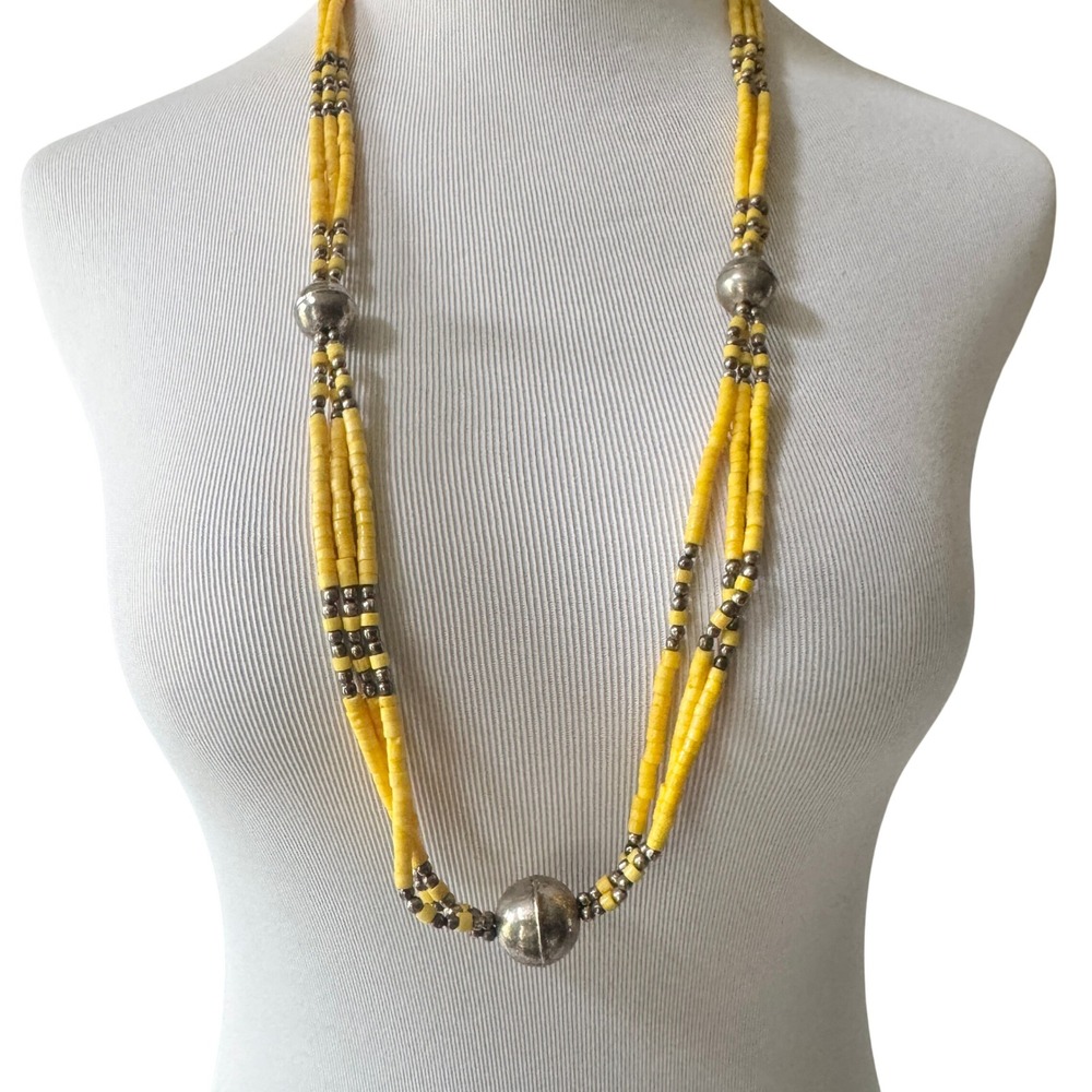 Vintage 1970s Yellow & Silver Beaded Statement Necklace Long Festival Boho - Picture 3 of 9